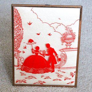 RARE Antique Vintage Victorian Couple In Love Red Convex Bubble Glass Silhouette